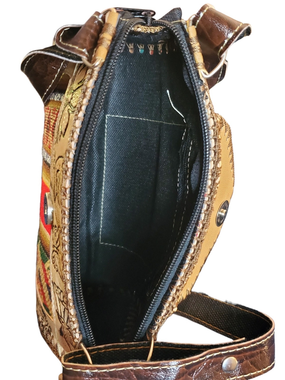 Peruvian Handmade Tooled Leather Serape Crossbody 8" Cream Brown Andean Textile - Picture 6 of 11